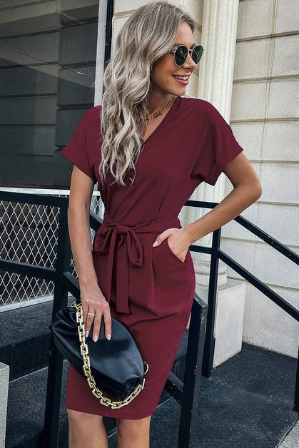 Solid Button Detail Cuffed Pocket Short Dress