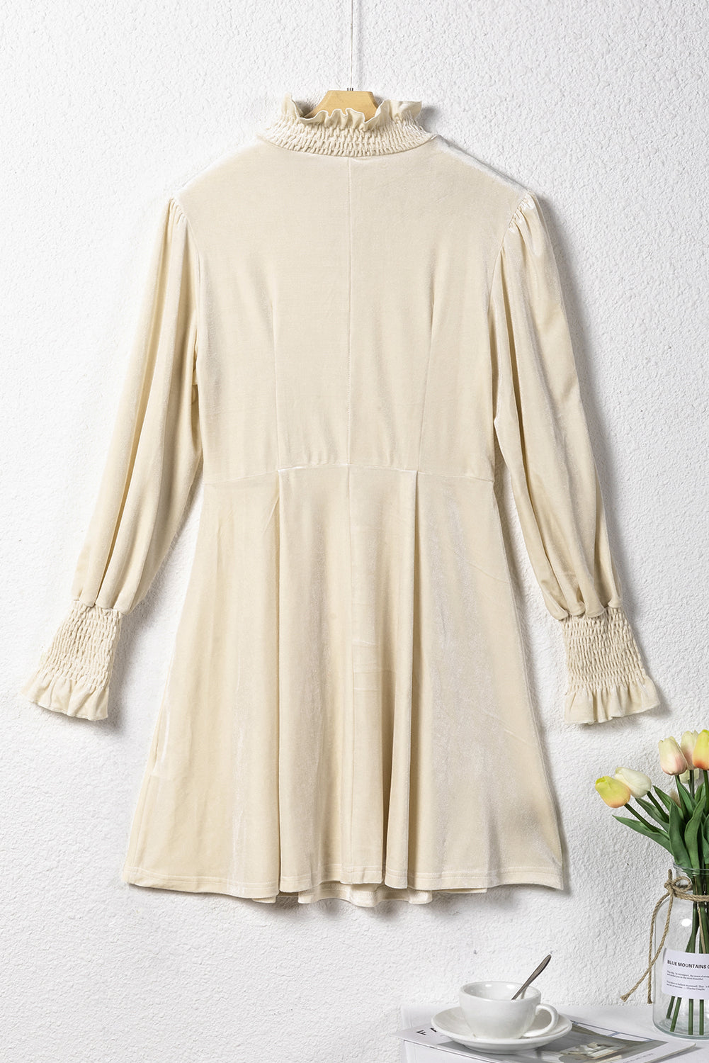Apricot Shirred Collar Bubble Sleeve Mini Dress