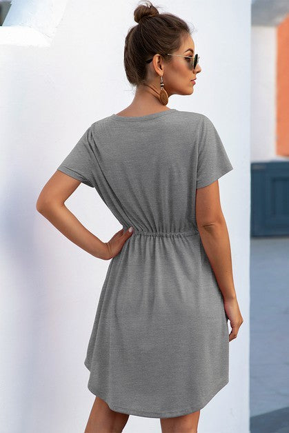Solid V Neck Button Down Tie Waist Jersey Dress