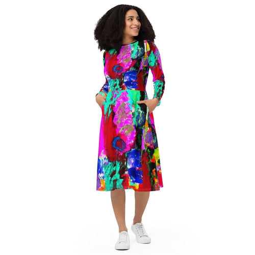 Womens Long Sleeve Midi Dress - Red Multicolor Abstract Print