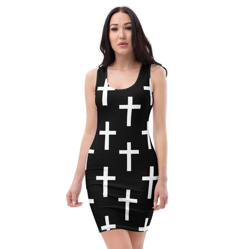 Womens Stretch Fit Bodycon Dress - Black White Cross Print