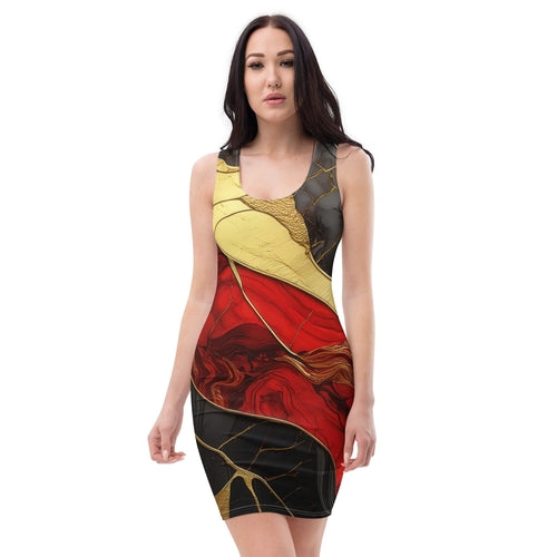 Womens Stretch Fit Bodycon Dress - Bold Red Gold Tones Print