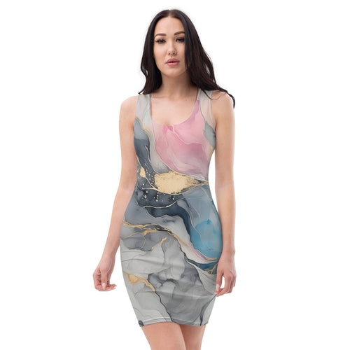 Womens Stretch Fit Bodycon Dress - Marble Cloud of Grey Pink Blue