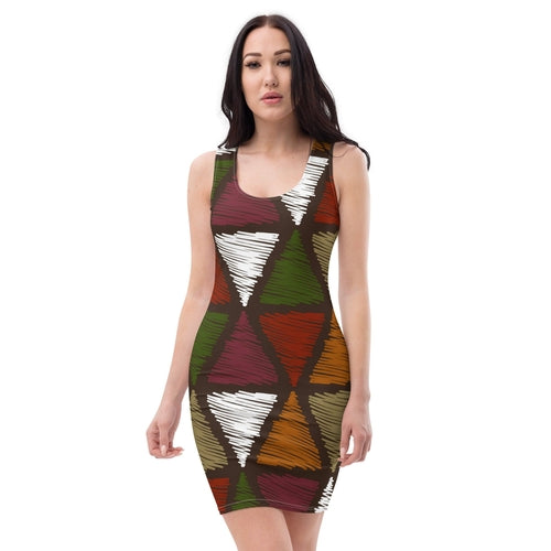 Womens Stretch Fit Bodycon Dress - Red Green Geometric Lines